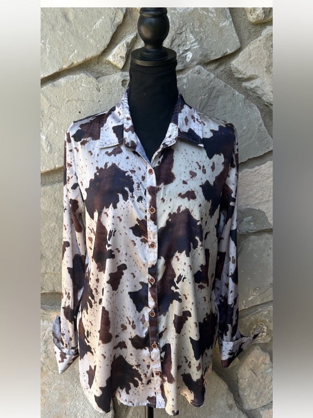 Scully Western Shirt Womens Size Small Cow Print Poly Crepe‎ Blouse Excellent